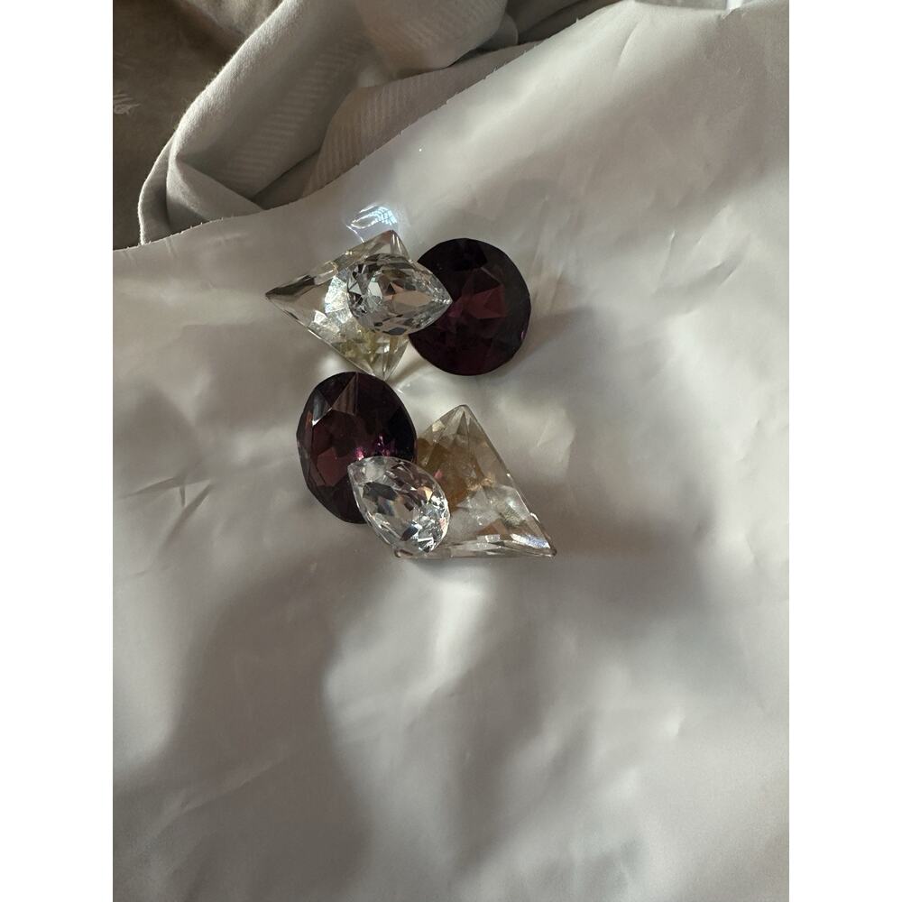 Vintage Lg Pink / Purple & Clear Rhinestone Earrings 1980 Similar to Wendy Gell